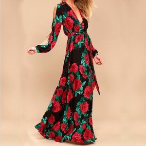 Lulus Floral Print Open Slit Long Sleeve Floor Length Maxi Dress Women's Small